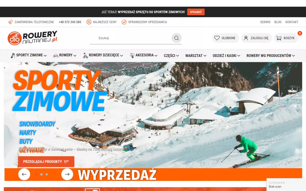 Zrzut ekranu strony firmy RoweryNajtaniej - internetowy sklep rowerowy