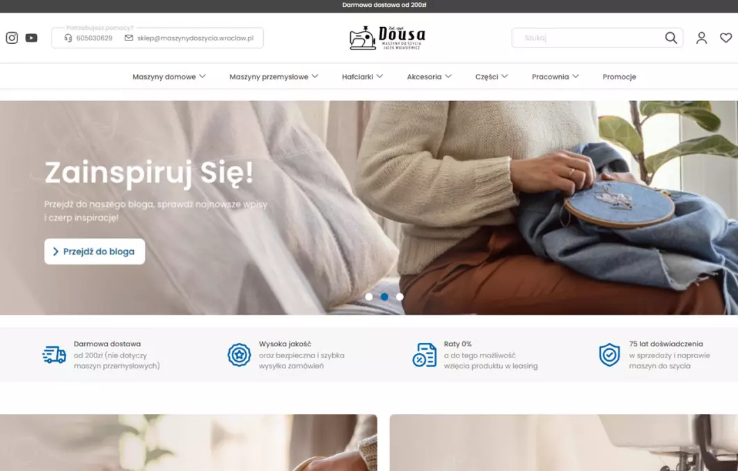 Zrzut ekranu strony firmy Maszyny do szycia Dousa