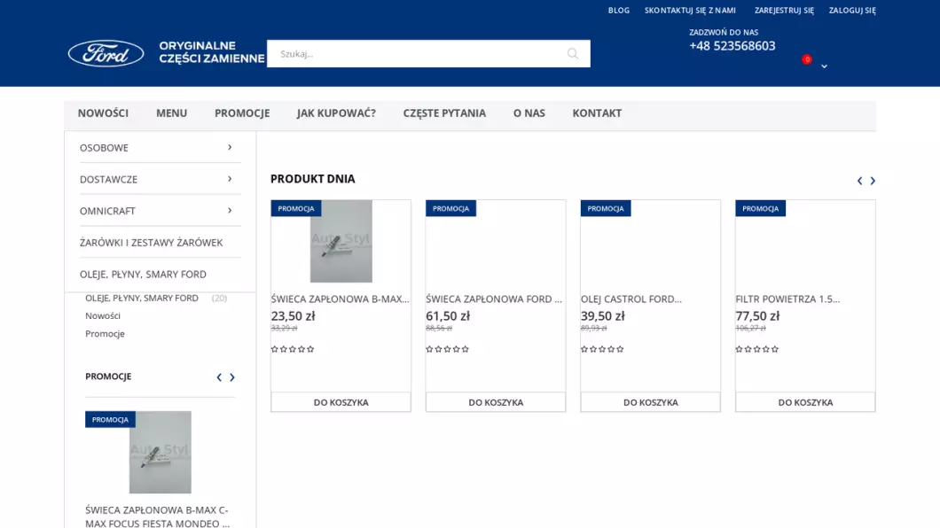 Zrzut ekranu strony firmy Części samochodowe FORD | Sklep internetowy Ford Auto Styl