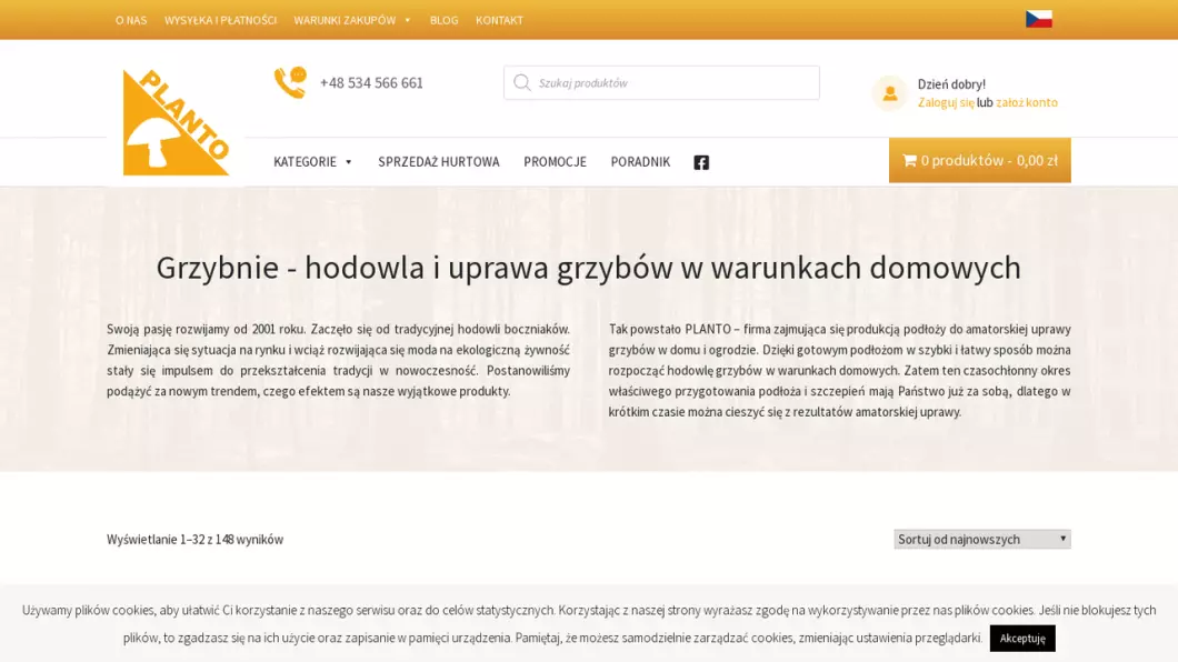Zrzut ekranu strony firmy Grzybnie - uprawa i hodowla grzybów | Planto