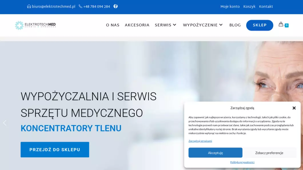 Zrzut ekranu strony firmy Elektrotechmed - Koncentratory tlenu