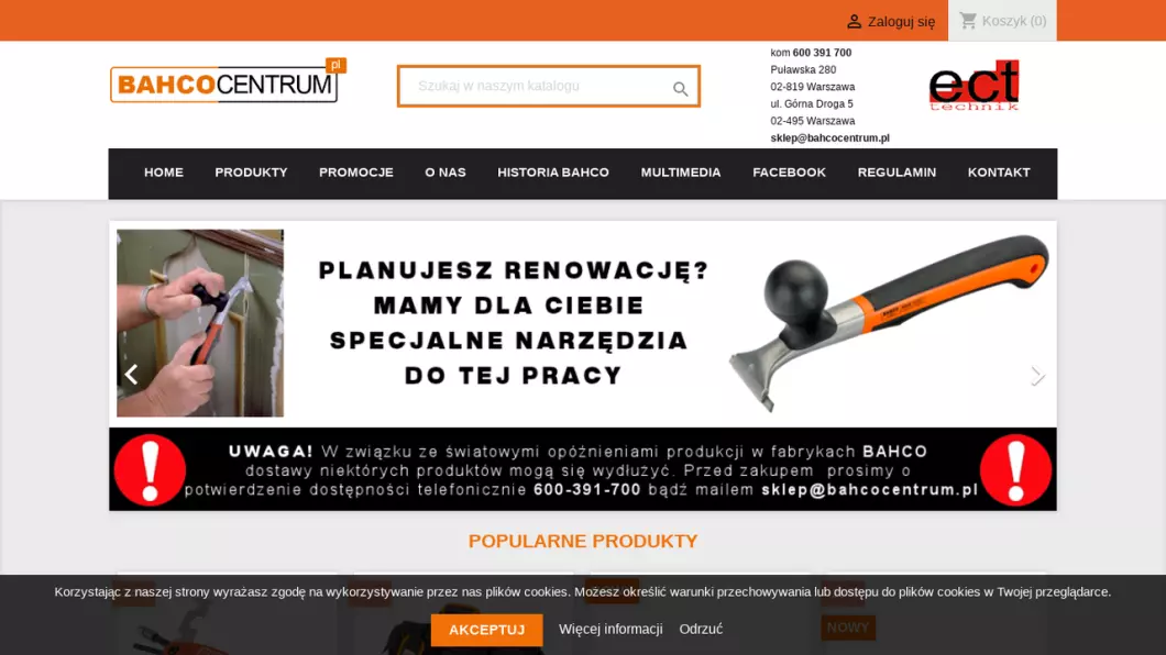 Zrzut ekranu strony firmy Bahco Centrum - narzędzia i akcesoria Bahco