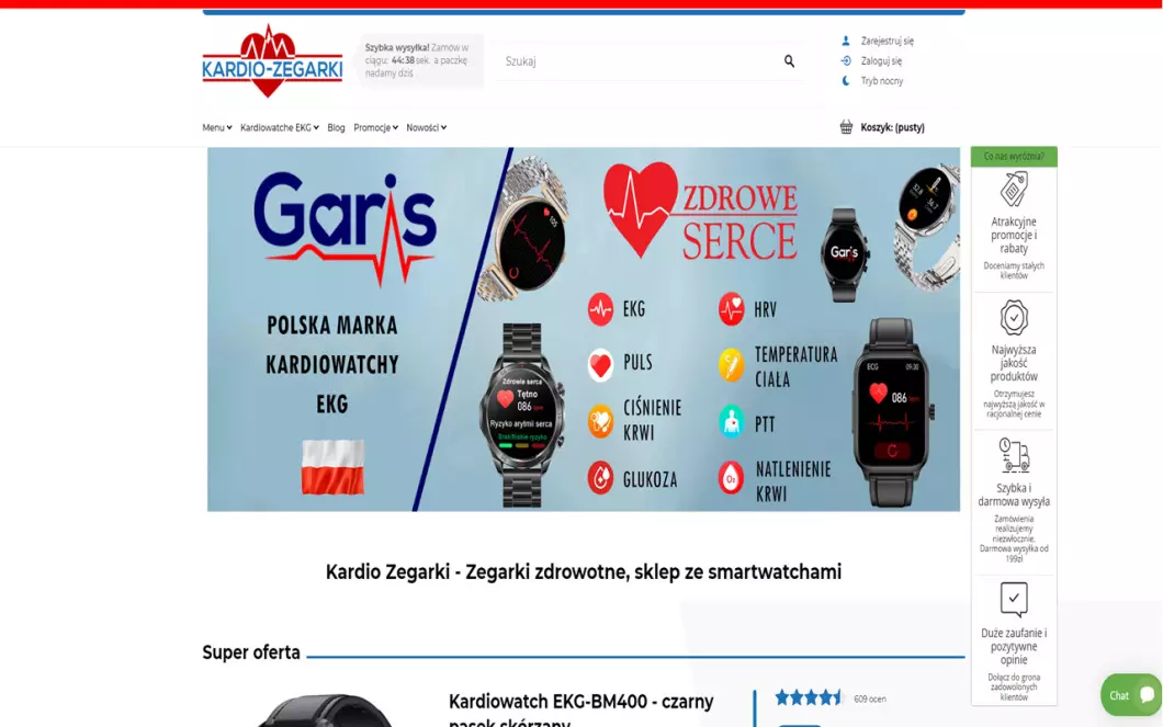 Zrzut ekranu strony firmy Zegarki zdrowotne - Kardio-Zegarki