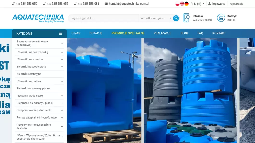 Zrzut ekranu strony firmy Aquatechnika - zbiorniki na deszczówkę