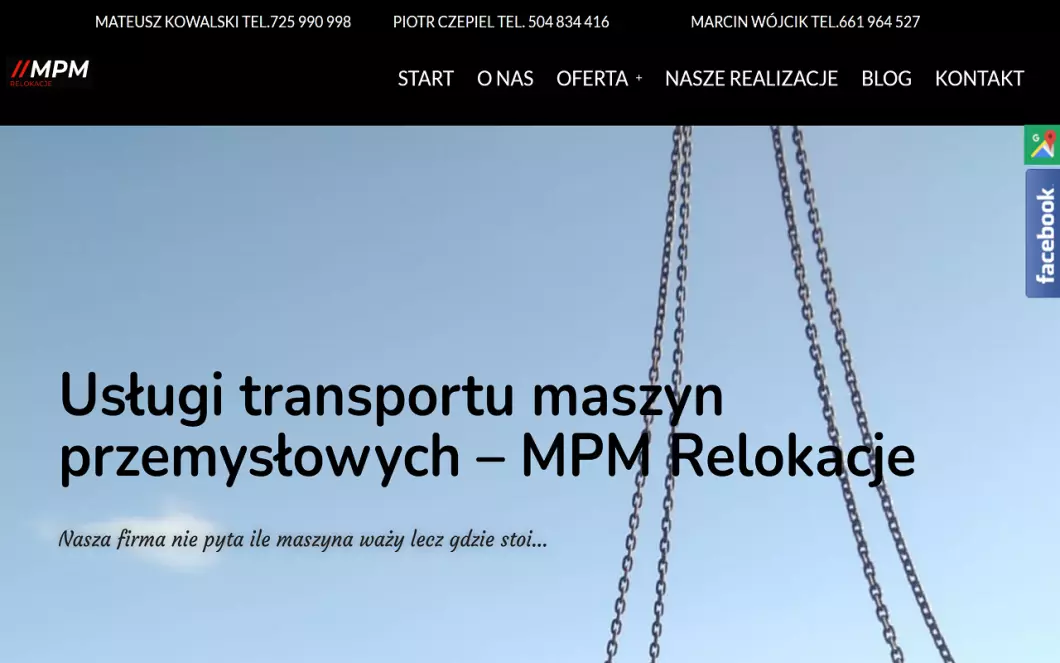 Zrzut ekranu strony firmy Usługi transportu maszyn przemysłowych MPM Relokacje