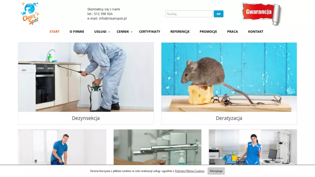 Zrzut ekranu strony firmy CleanSpot | Usługi deratyzacji, dezynsekcji, dezodoryzacji, sprzątania i prania wykładzin