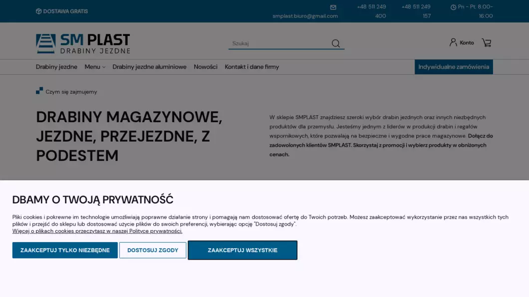 Zrzut ekranu strony firmy Drabiny magazynowe, jezdne | Sklep internetowy Smplast