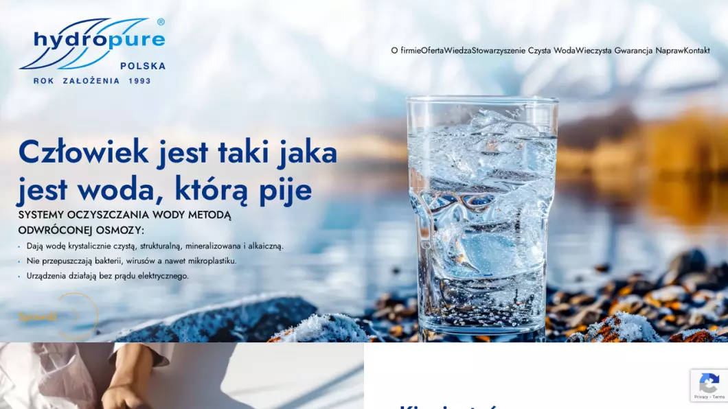 Zrzut ekranu strony firmy Hydropure - Odwrócona osmoza