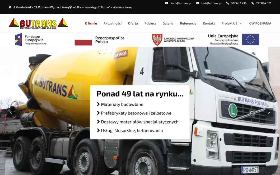 Zrzut ekranu strony firmy Butrans - 	hurtownia materiałów budowlanych Poznań
