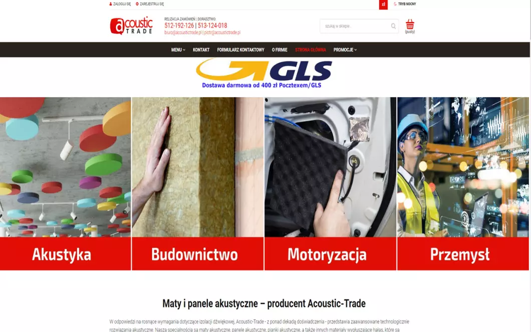 Zrzut ekranu strony firmy Acoustic-Trade - maty akustyczne
