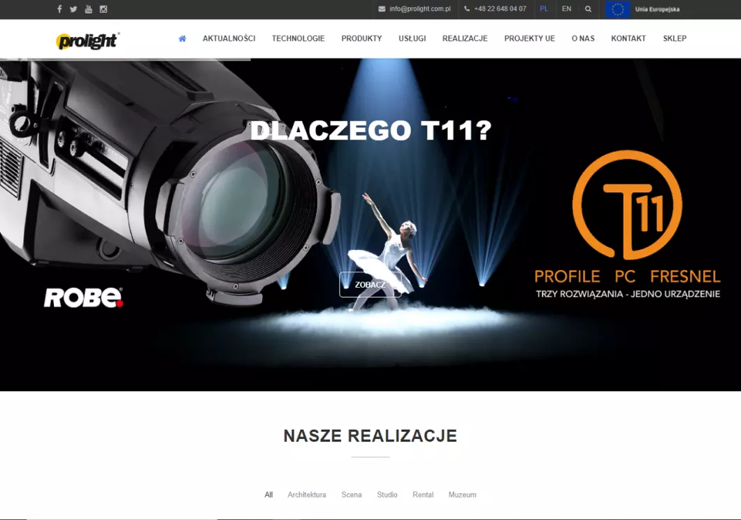 Zrzut ekranu strony firmy Oświetlenie sceniczne | Prolight
