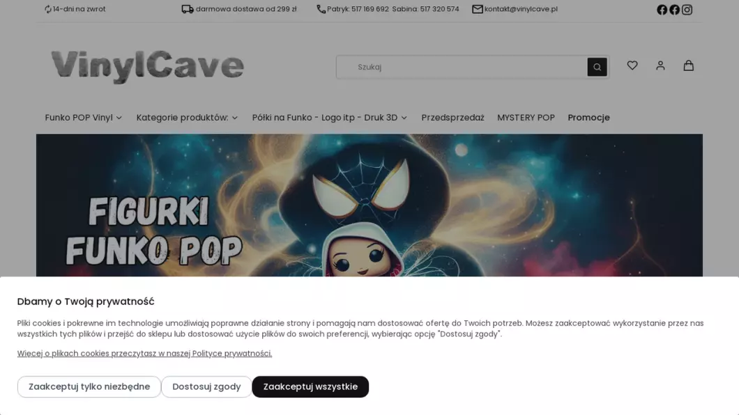 Zrzut ekranu strony firmy Figurki Funko Pop | Sklep internetowy Vinyl Cave