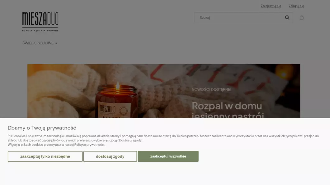 Zrzut ekranu strony firmy Świece sojowe handmade, ręcznie robione | Sklep internetowy MIESZADUO