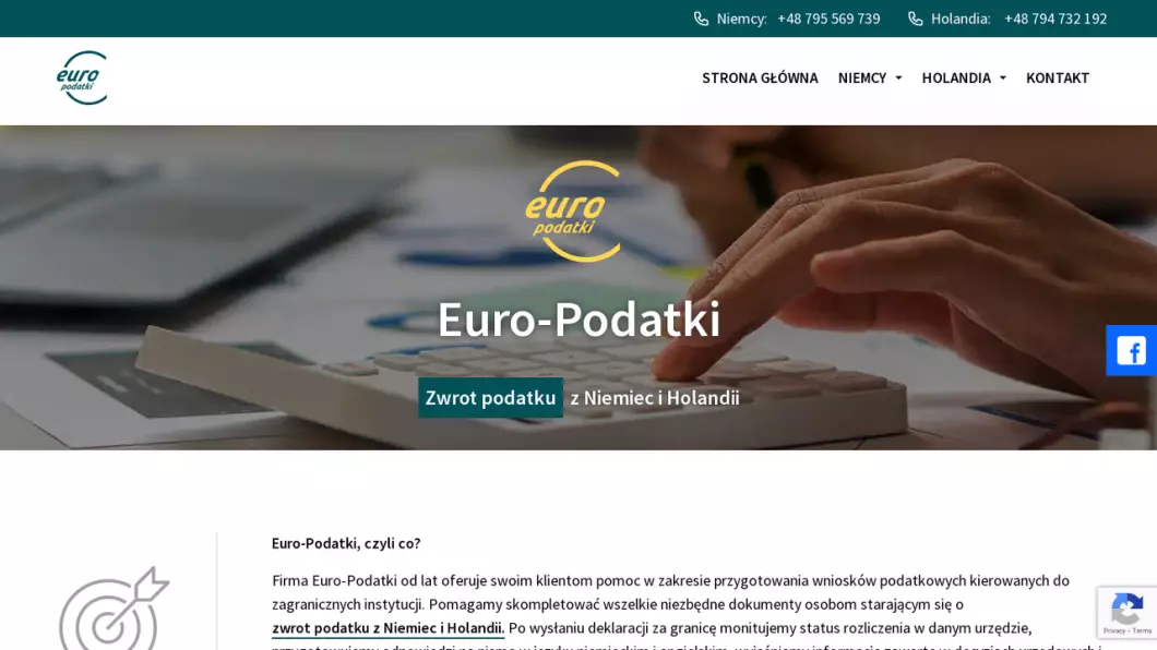 Zrzut ekranu strony firmy Euro Podatki - Pomoc w podatkach zagranicznych