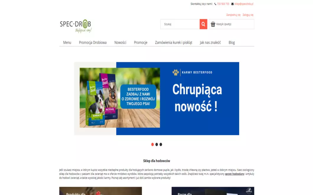 Zrzut ekranu strony firmy Spec-Drob - sklep dla hodowców