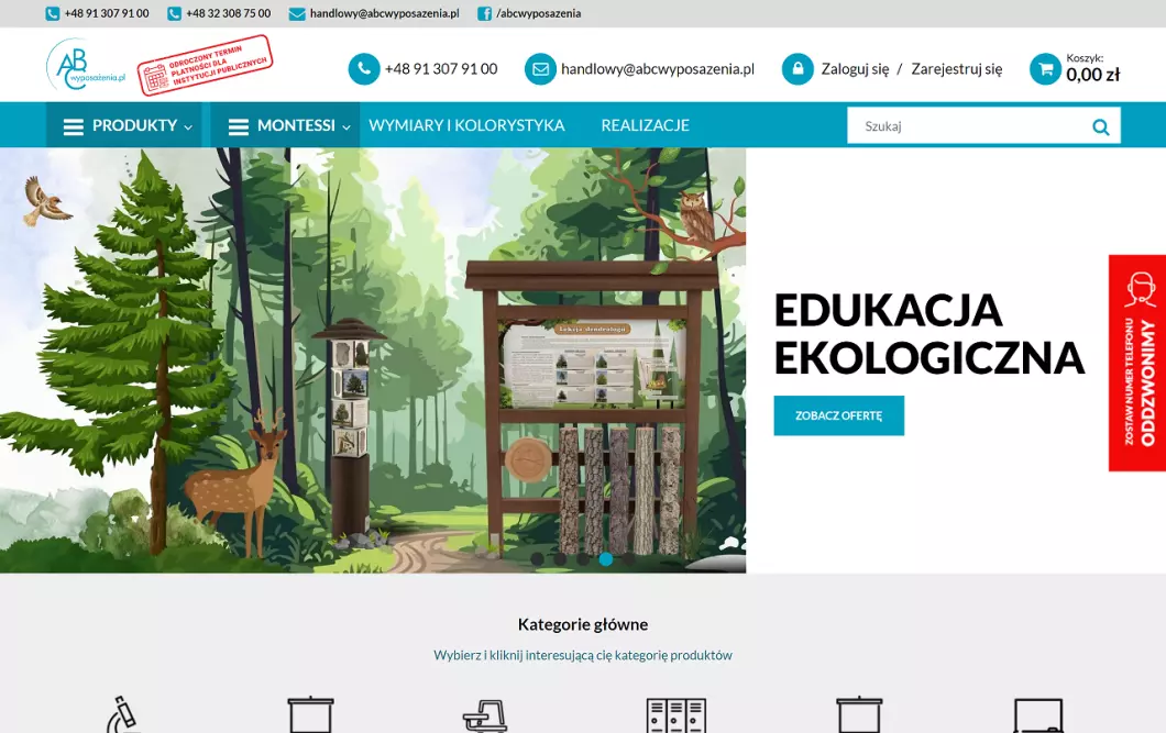 Zrzut ekranu strony firmy Wyposażenie szkół - ABC Wyposażenia
